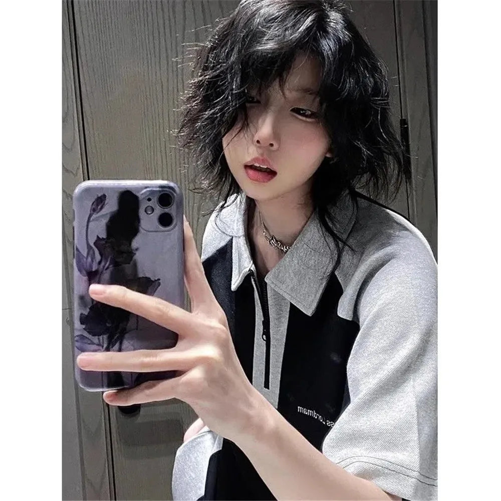 Y2k Summer Polo T-Shirts Women American Vintage New Cotton Contrast Panels Casual Harjuku  Shirts Short Sleeve Women Casual Tops