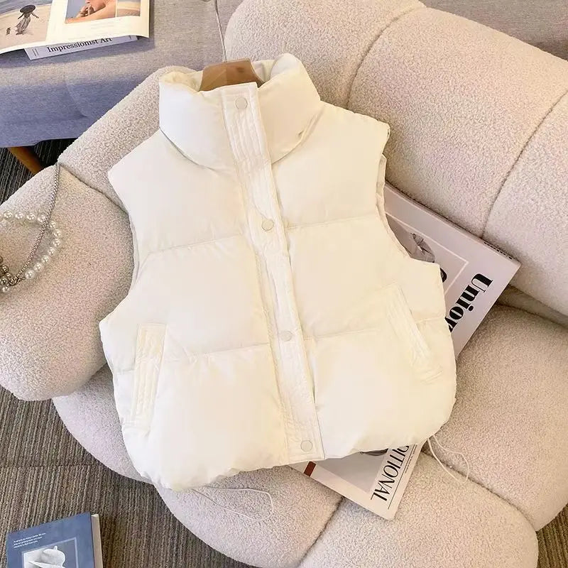 Women's Stand Collar Puffer Vest - Solid Color Zip Up Waistcoat - photo 5