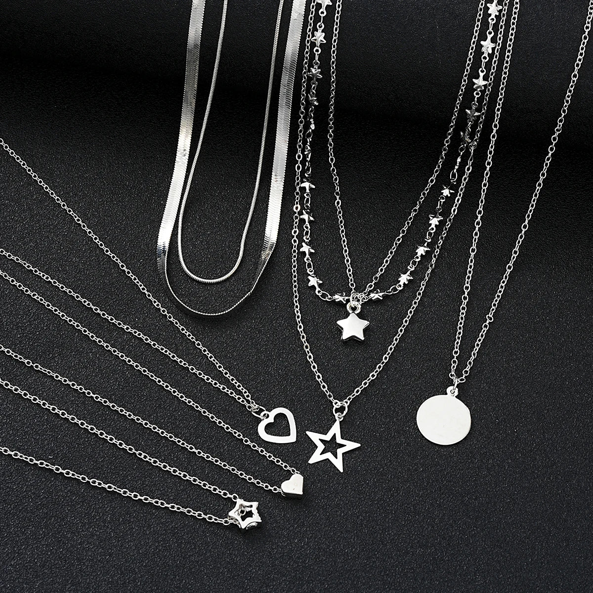 9 Pc Layered Choker Necklace Set for Women - Heart & Star Pendants