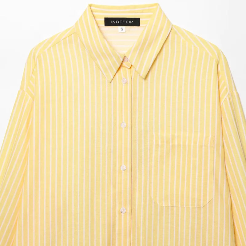 HXAO Yellow Striped Shirt Women's Blouse Spring Summer 2025 Oversized Long Sleeve Shirt Top Shirts & Blouses Chic Casual Blouse