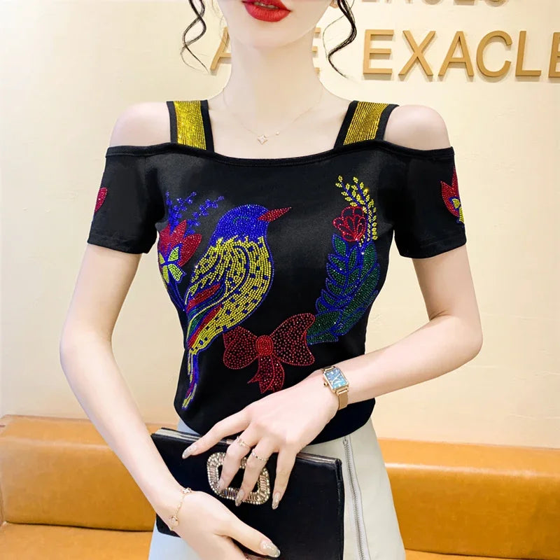 Women's Off-Shoulder Rhinestone Mesh Top