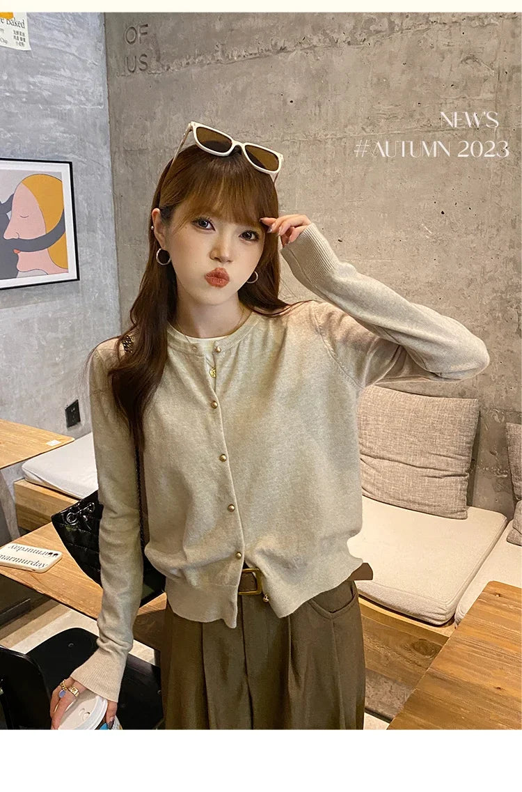 Women's round neck knit cardigan, button front — view 15 of 20
