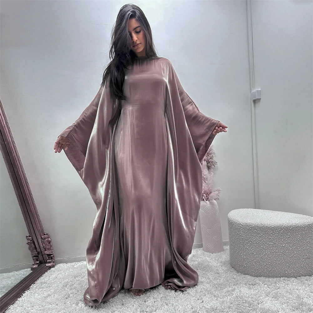 Shimmer Batwing Satin Abaya – Luxury Muslim Kaftan Dress for Eid & Ramadan