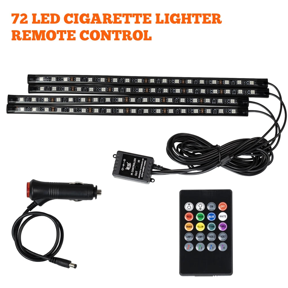 RGB LED Car Interior Ambient Light Strip – 36/48/72 LED Remote & App Music Control | USB or Cigarette Lighter | Atmosphere Foot Light