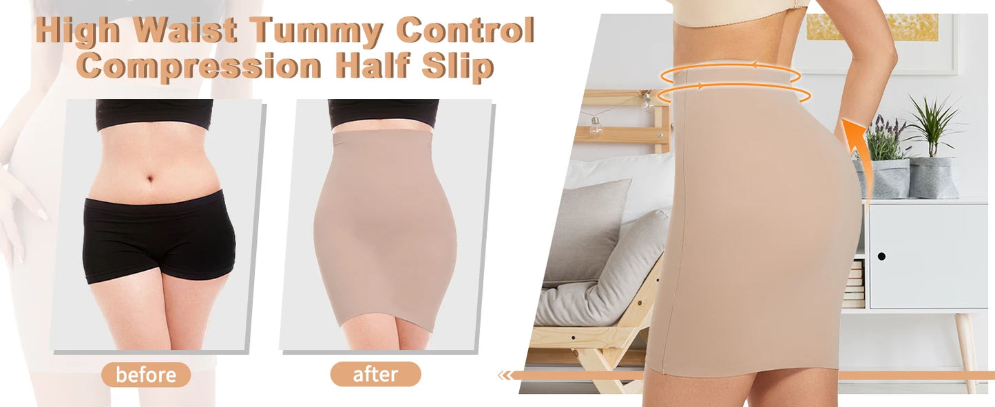 Women Above Knee Underskirt Half Slips for Dress Shapewear Body Shaper Seamless Smooth Tummy Control Underwear Short Skirt