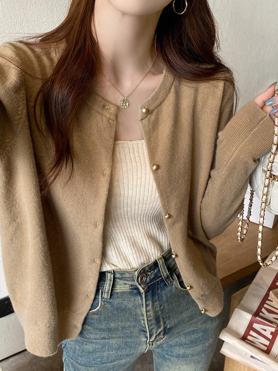 Women's Round Neck Knit Cardigan — Button Front