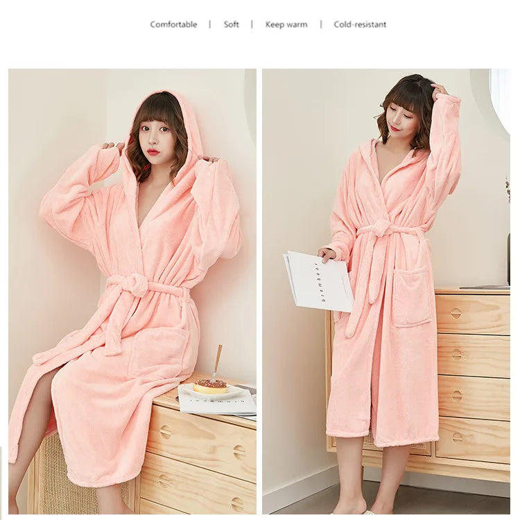 Women's Long Hooded Coral Fleece Bathrobe - Solid Plush Robe - photo 3