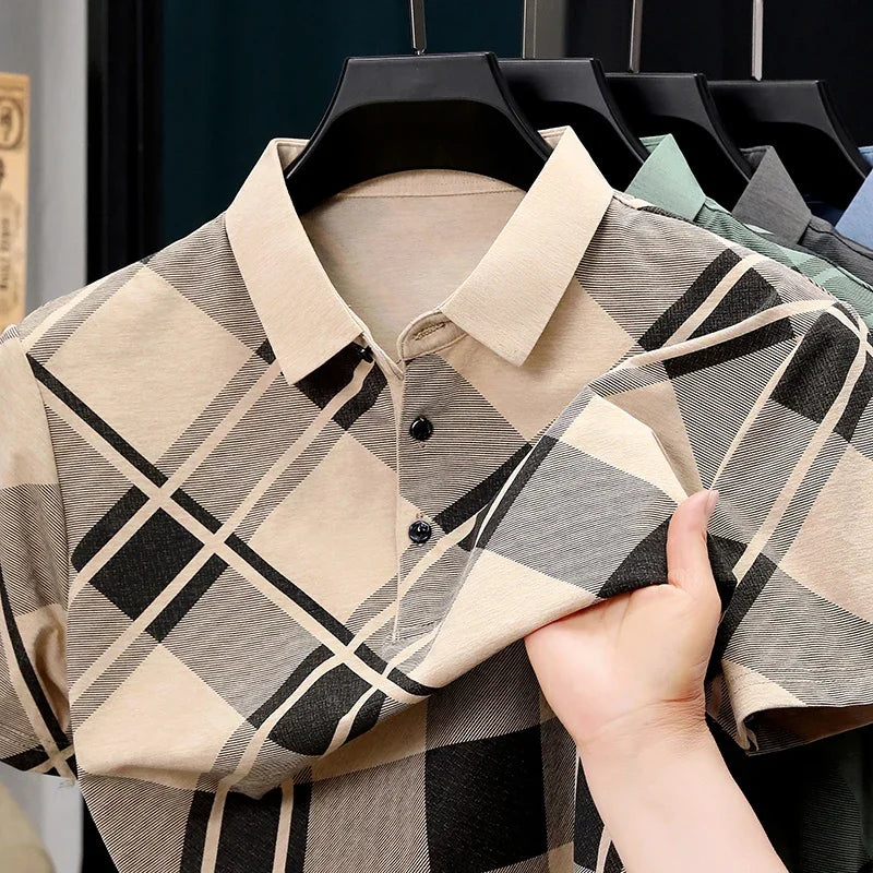 Men's Plaid Polo - Soft Elastic Woven, Retro Oversized Grid