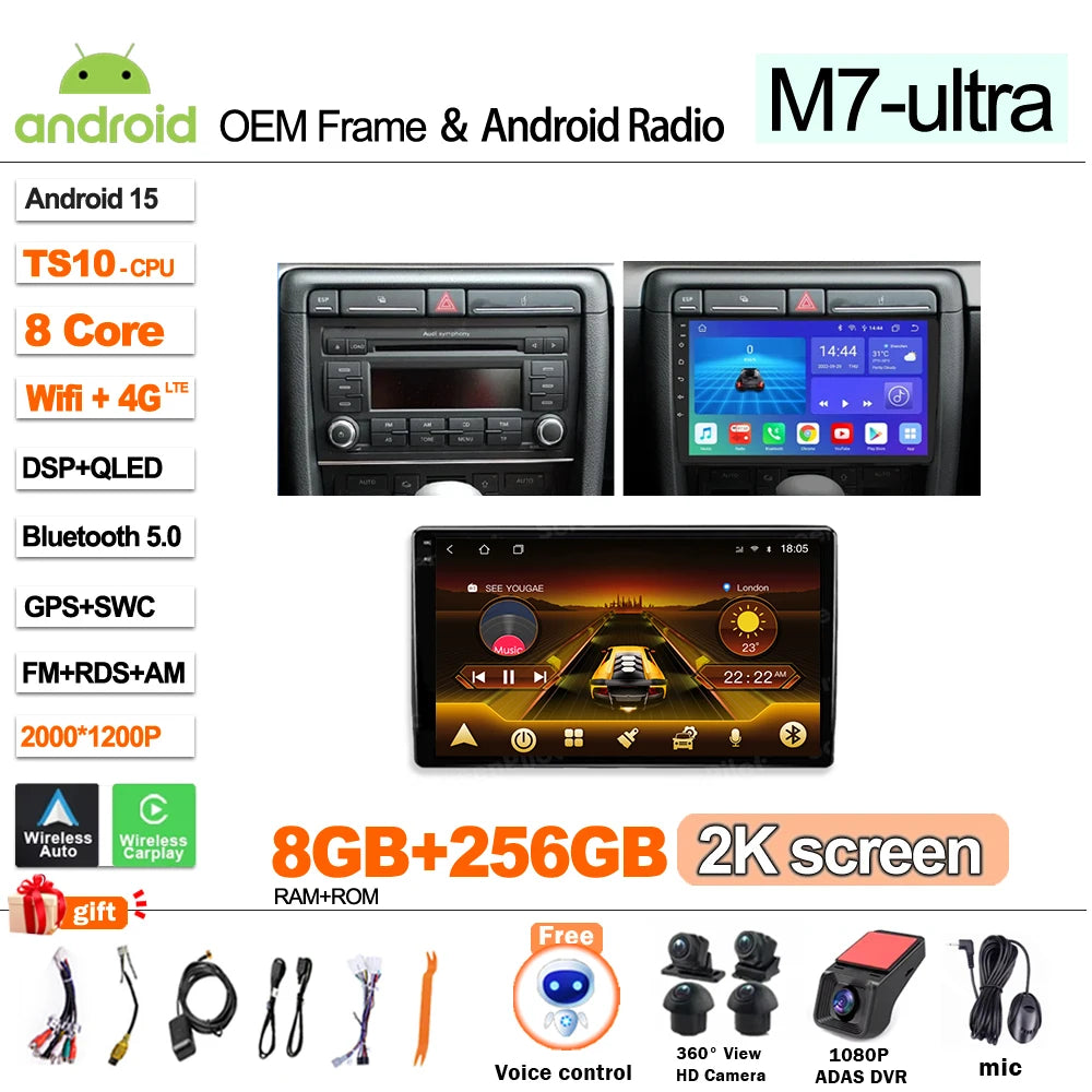 Android Car Stereo for Audi A4 B6 B7, S4, RS4 & Seat Exeo (2002–2009) — CarPlay, Bluetooth, 2-DIN