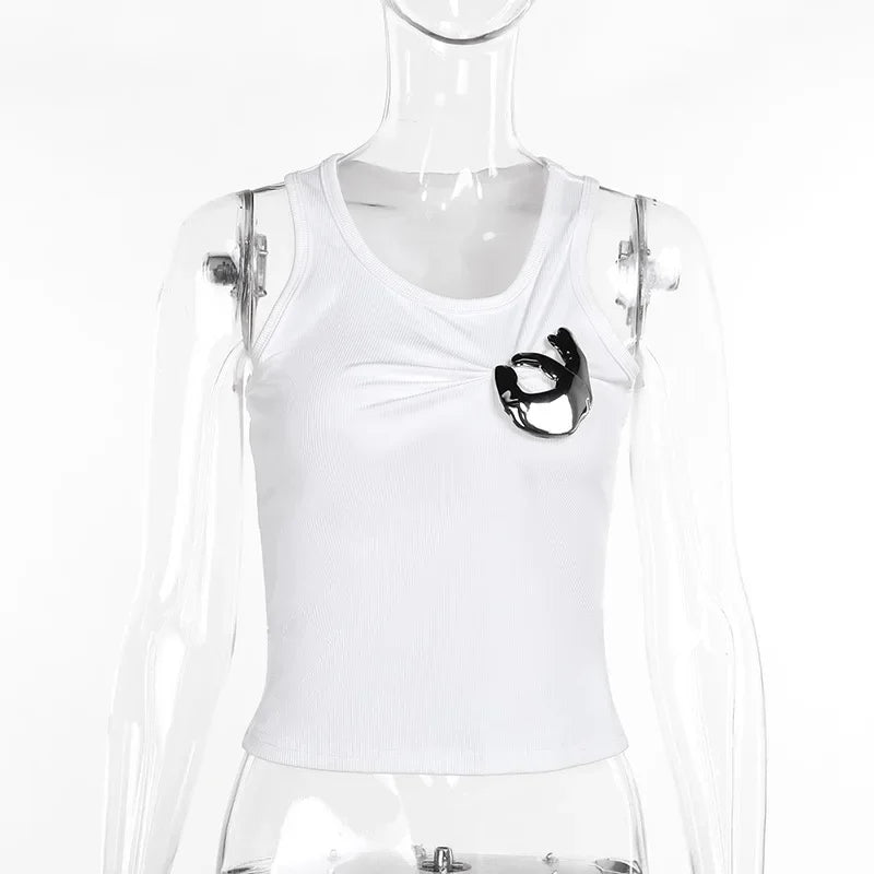 Creative Metal Decoration Tank Tops Women Edgy Clothes Y2k Accessories Sleeveless Crop Top Slim Fit Ropa De Mujer Camison Verano