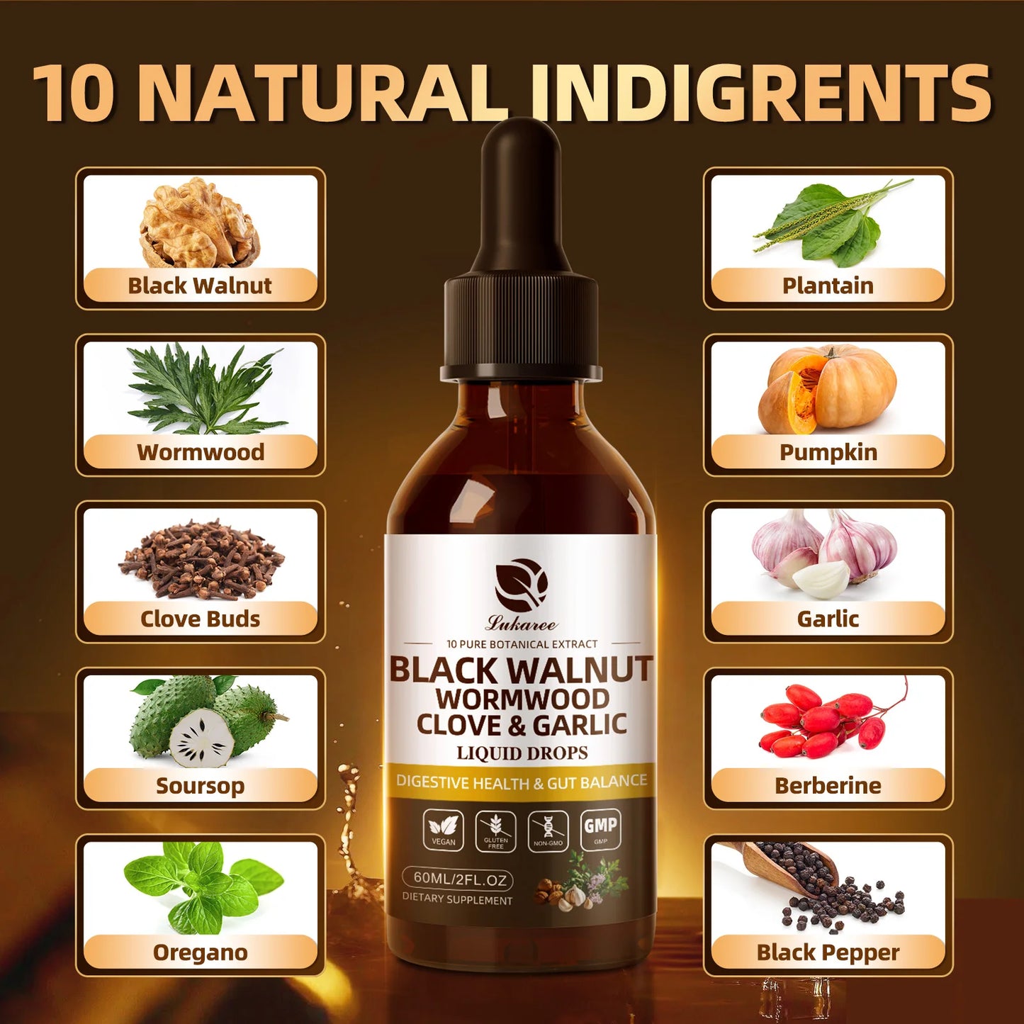 Gotas de nuez negra Lukaree de 60 ml con clavo de olor y ajo: favorecen la digestión y la salud inmunitaria, desintoxican el cuerpo y son antioxidantes.