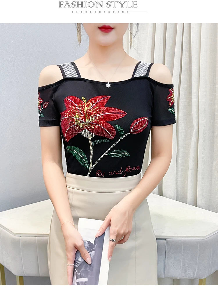 Women's Off-Shoulder Rhinestone Mesh Top