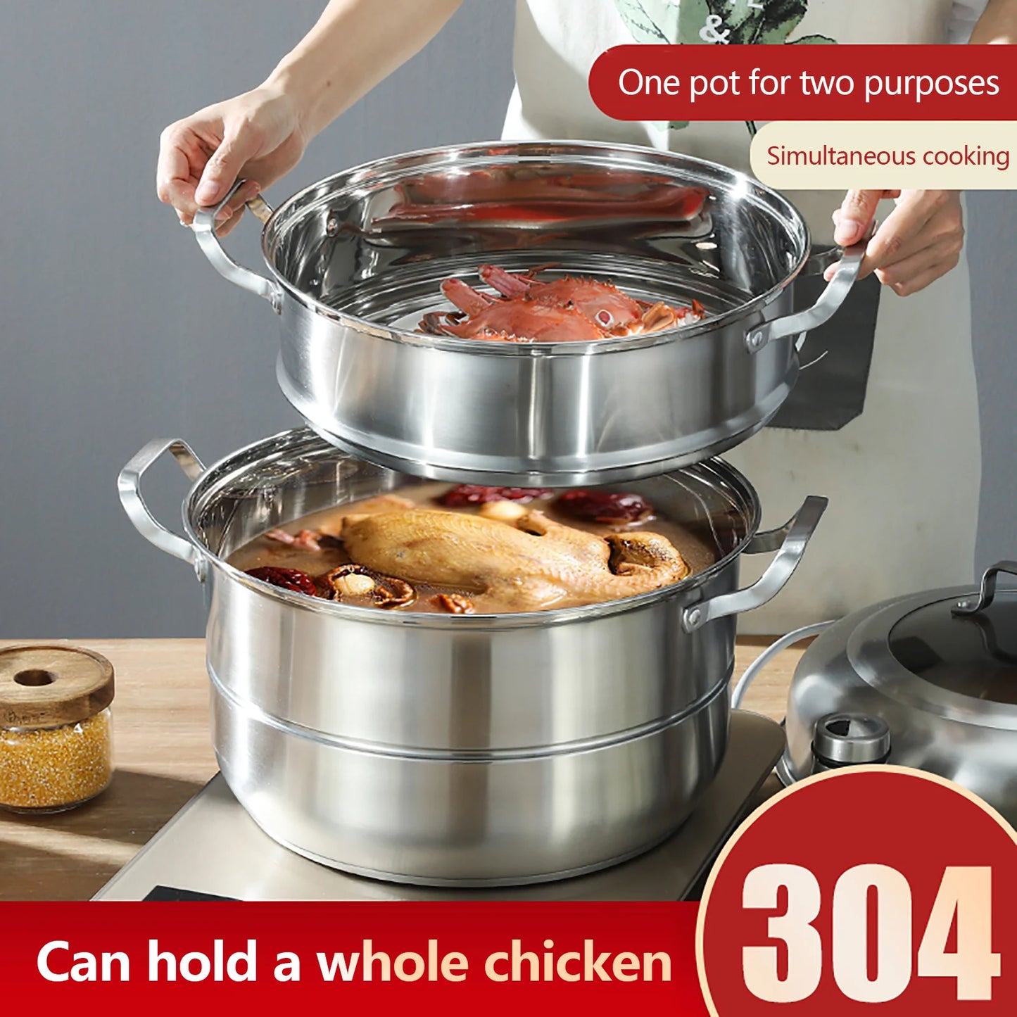 304 Stainless Steel Steamer Pot 2.38 Gallon Capacity 3-Tier Design with Steam Compartments for Cooking Soup