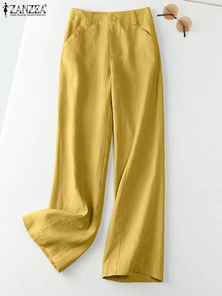 ZANZEA 2026 Spring Summer Cotton Linen Pants Women Long Trousers Wide Leg Plain Holiday Casual Pants Streetwear Fashion Bottoms