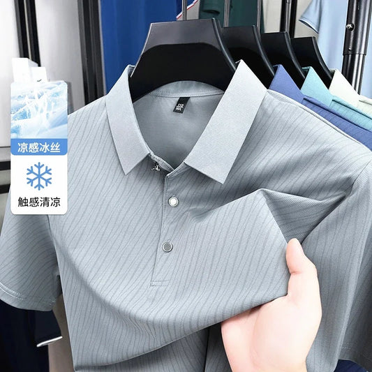 Men's Striped Polo Shirt - Quick-Dry Turn Collar, Moisture-Wicking