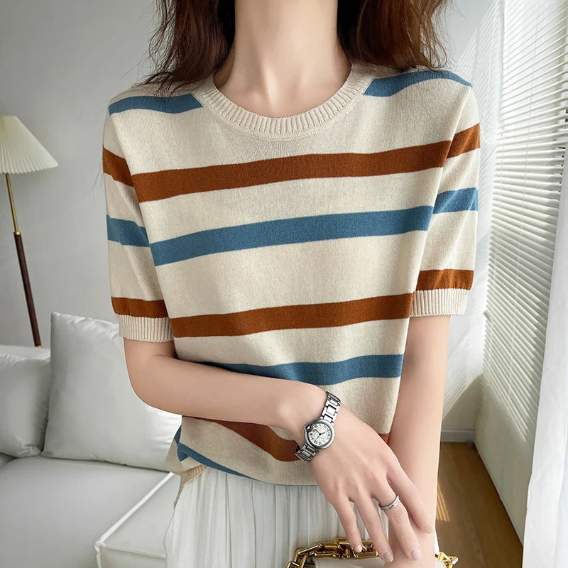 Women's Striped Knit T-Shirt — 100% Cotton Round-Neck Loose Pullover Top
