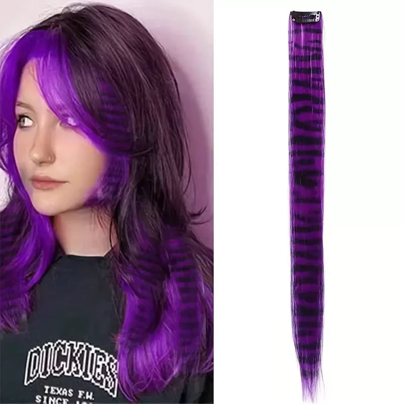 3pcs/set Stripe Printed Hair Colorful Long Straight Hair Pieces Synthetic Clip-in Hair Extensions for Daily Use Party Halloween