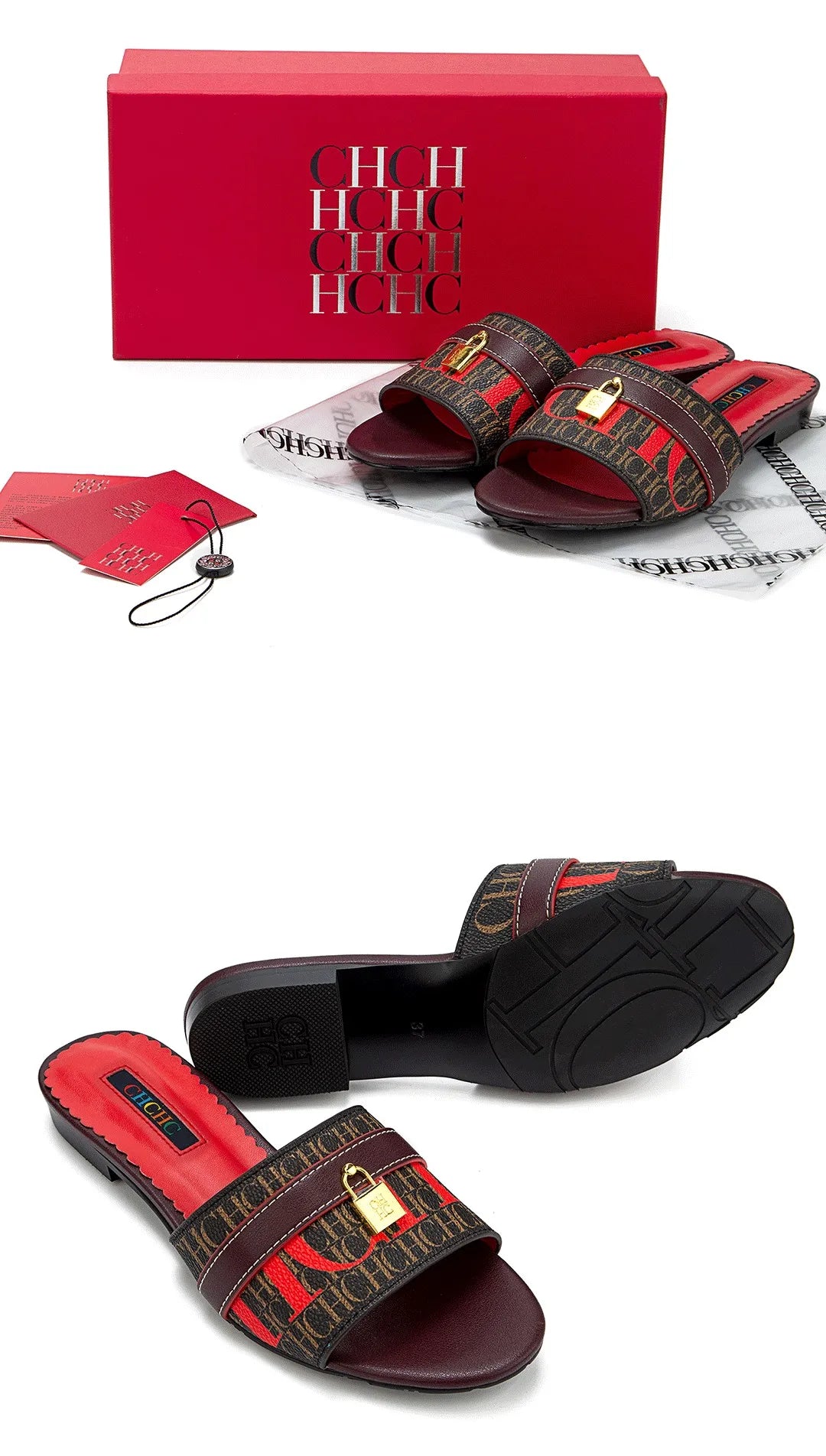 CH High Quality Metal Lock Monogram Print Women's Low Heeled Slippers Delicate and Versatile Women's Fashion Slippers