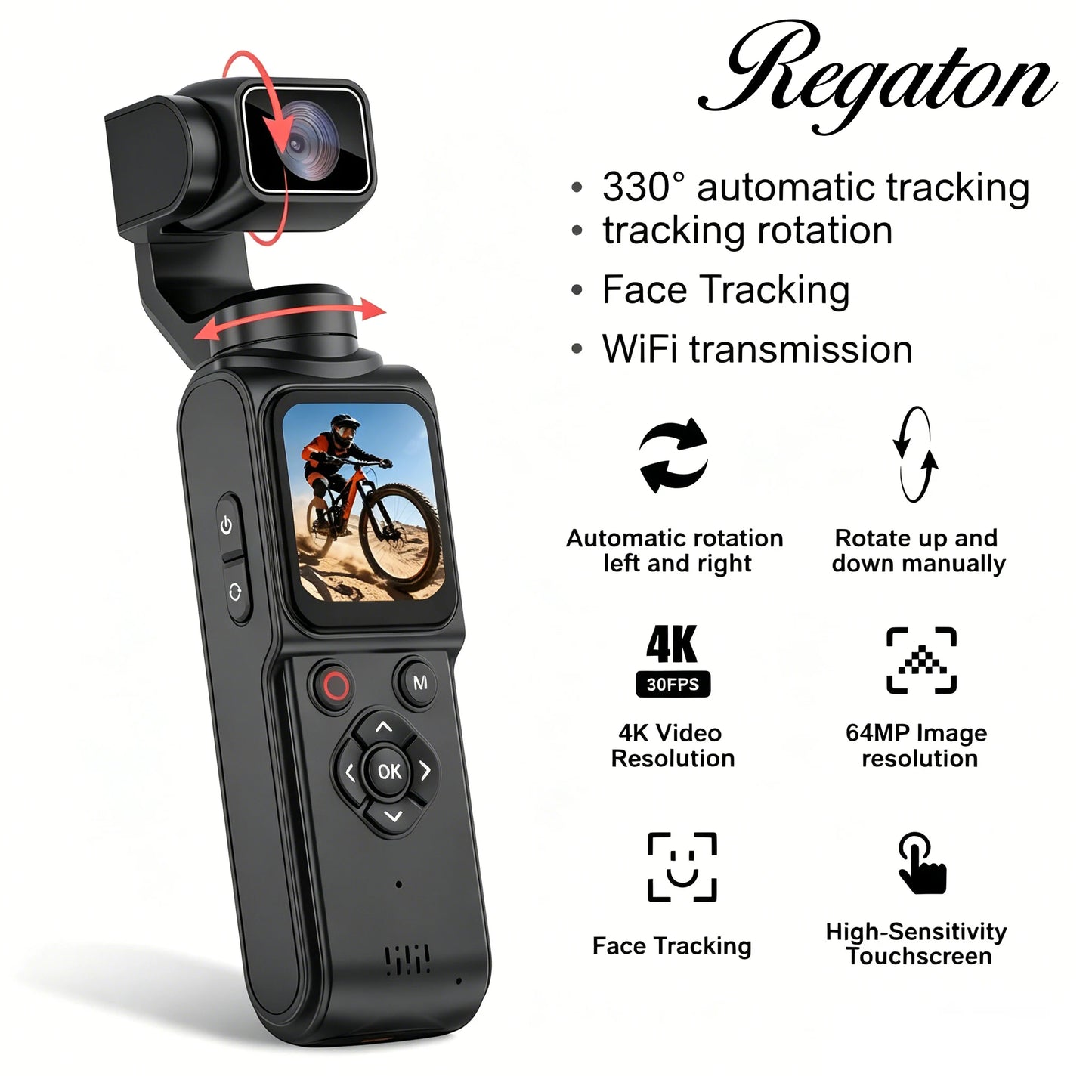 Regaton 4K Gimbal Camera — 330° Face-Tracking Pocket Cam, 64MP