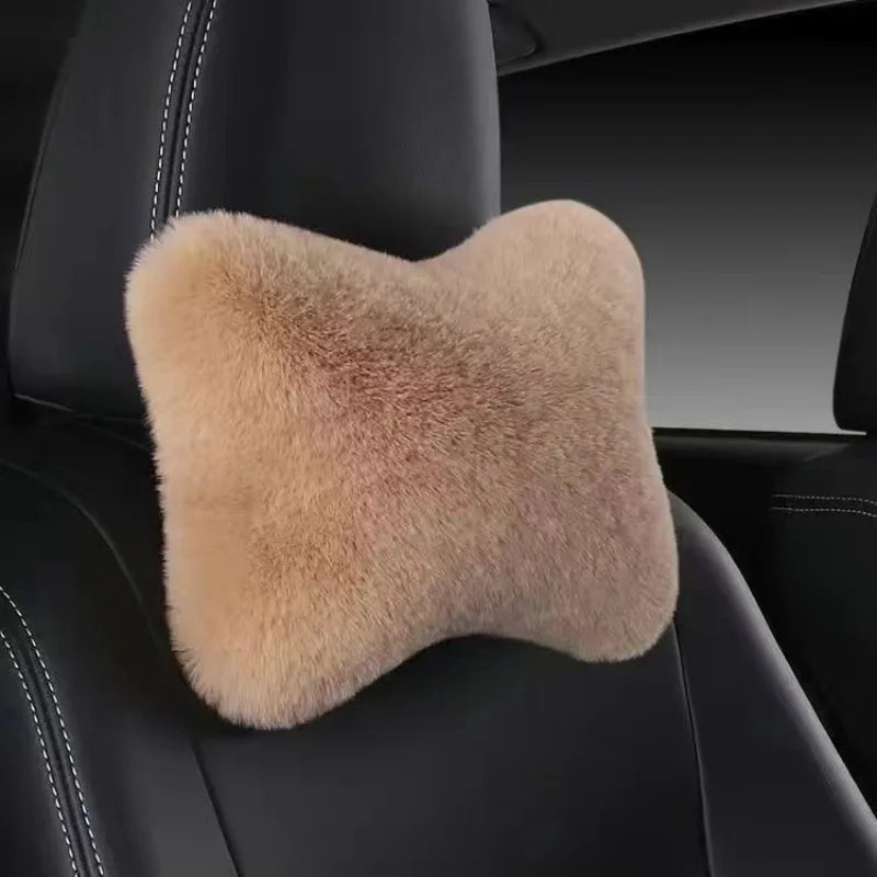 1pc Car Headrest Lumbar Pillow - Soft Imitation Rabbit Plush Comfort Cushion for All Seasons, Ergonomic Driver Support Headrest