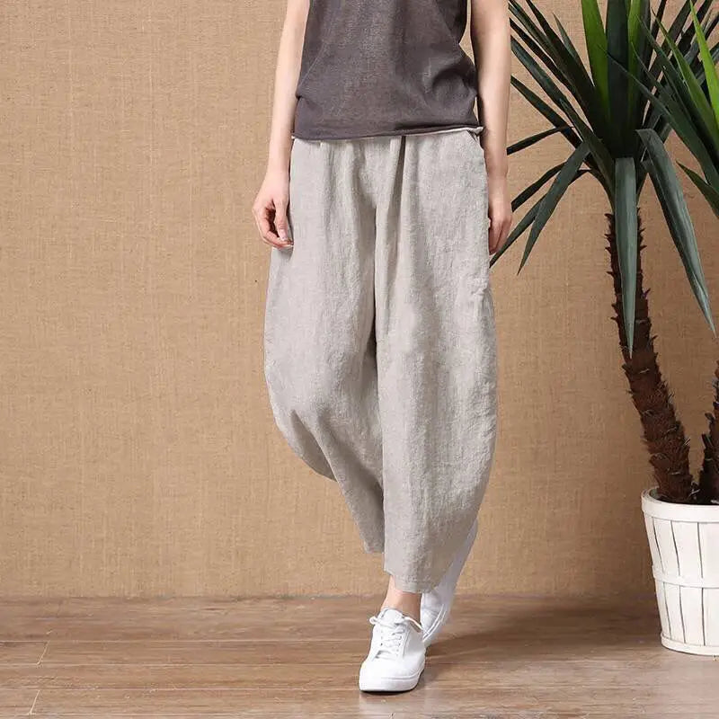 Loose Wide Leg Cotton Linen Pants High Waist Nine Points Women's plus Size Summer New Sle Casual Trousers Versatile Loose Fit