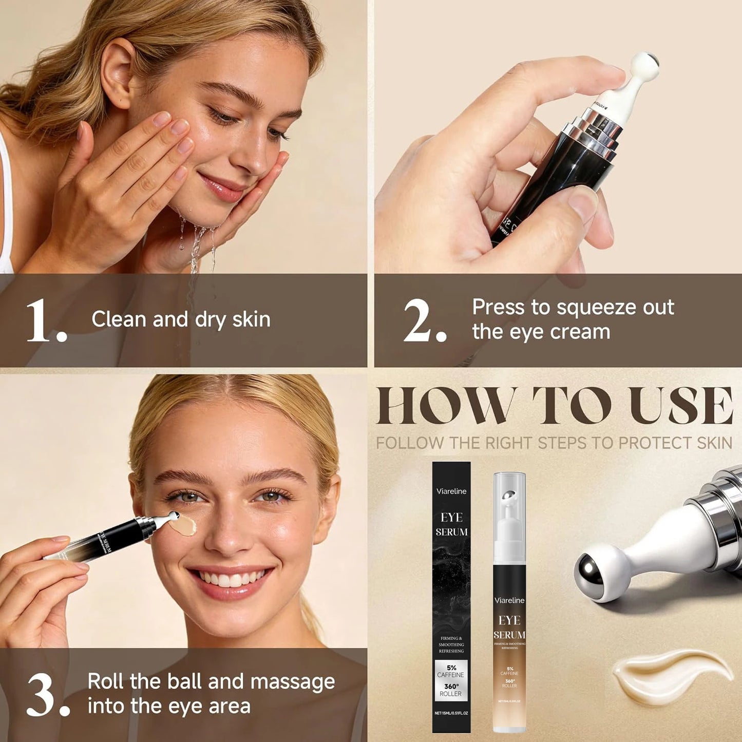 Eye Cream with 360° Roller, Anti Aging Treatment for Wrinkles & Fine Lines, Caffeine Under Eye Serum for Dark Circles &Puffiness