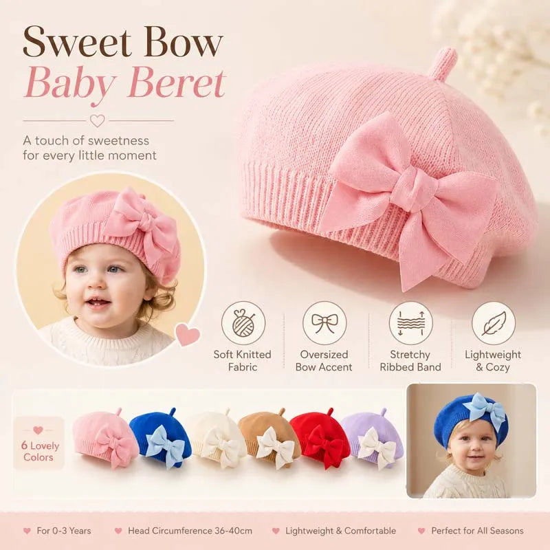 Baby Girl Knit Beret with Bow - Soft Infant Painter Hat - photo 3