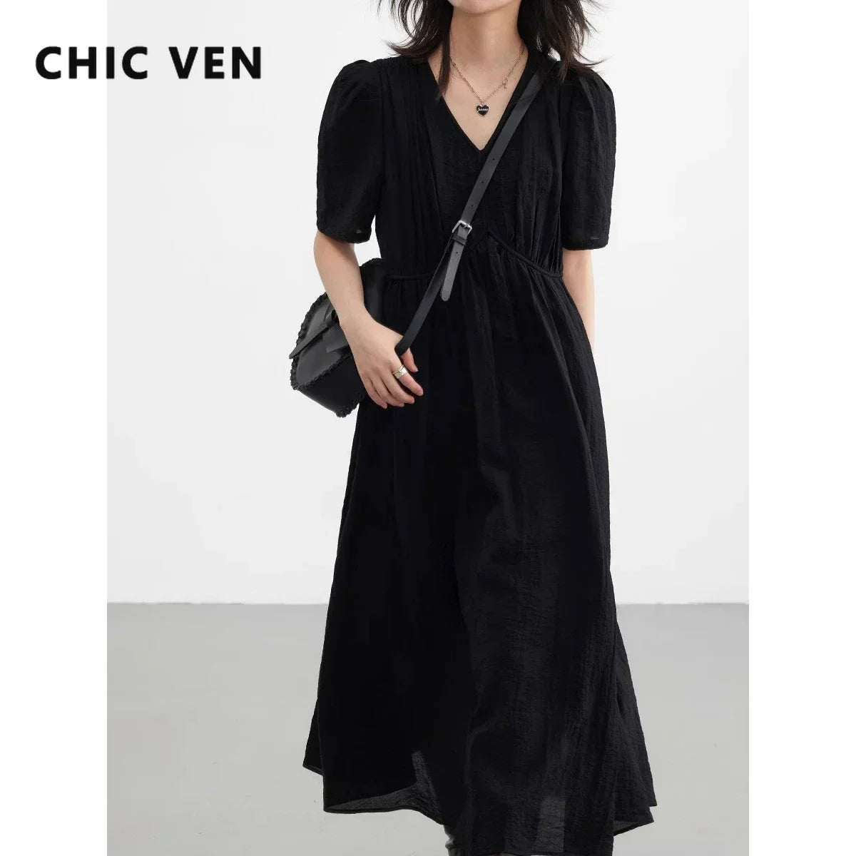 CHIC VEN Women's French V-Neck Puff-Sleeve Maxi Dress — Black