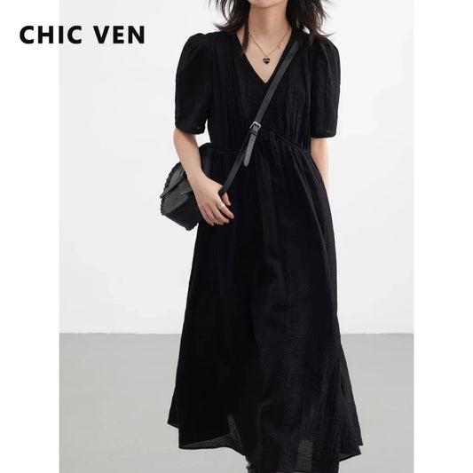 CHIC VEN Women's French V-Neck Puff-Sleeve Maxi Dress — Black