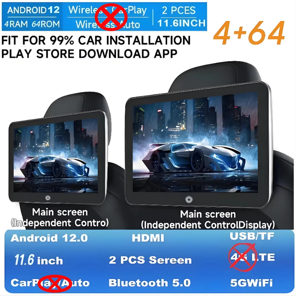 GcPaSr Android Auto CarPlay Car Screens Rear Seat Monitor For Headrest TV Screen WiFi Movie/Netflix/Youtube Online Video Player