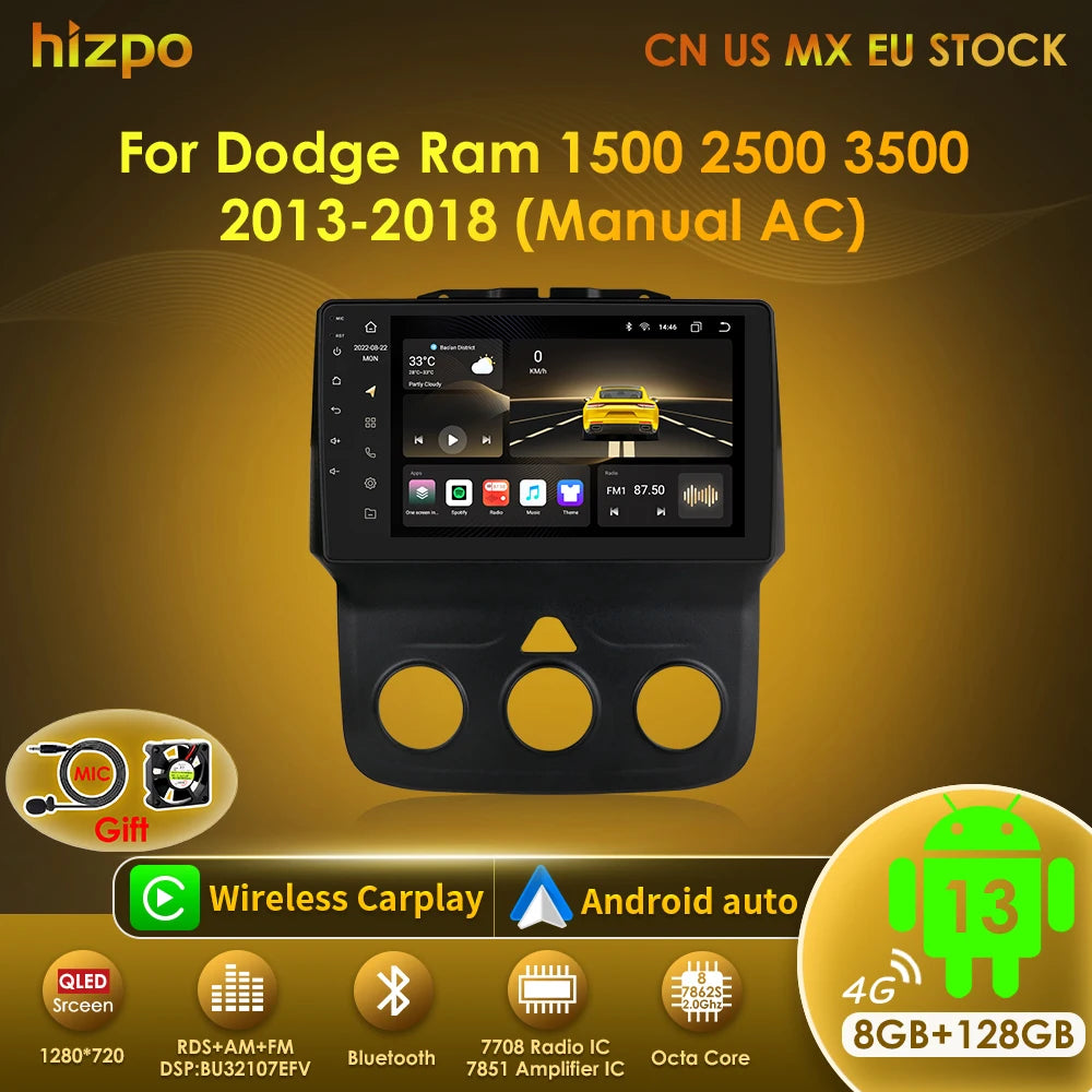 Hizpo 9" Android Car Radio for Dodge Ram 1500/2500/3500 2013-2018 (Manual AC)