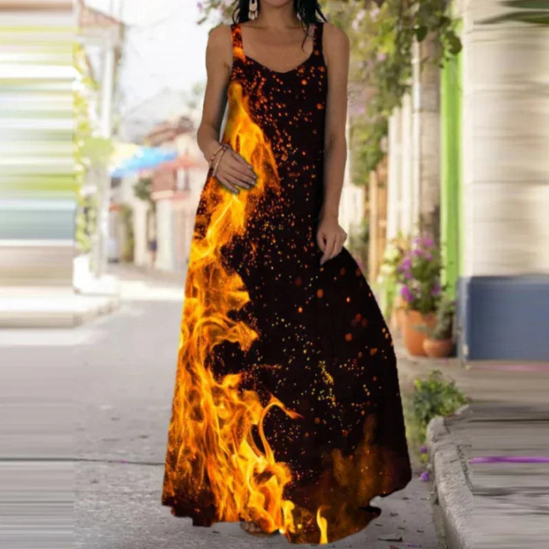 Women's Flame Print Sleeveless Maxi Dress – Casual Summer Sundress