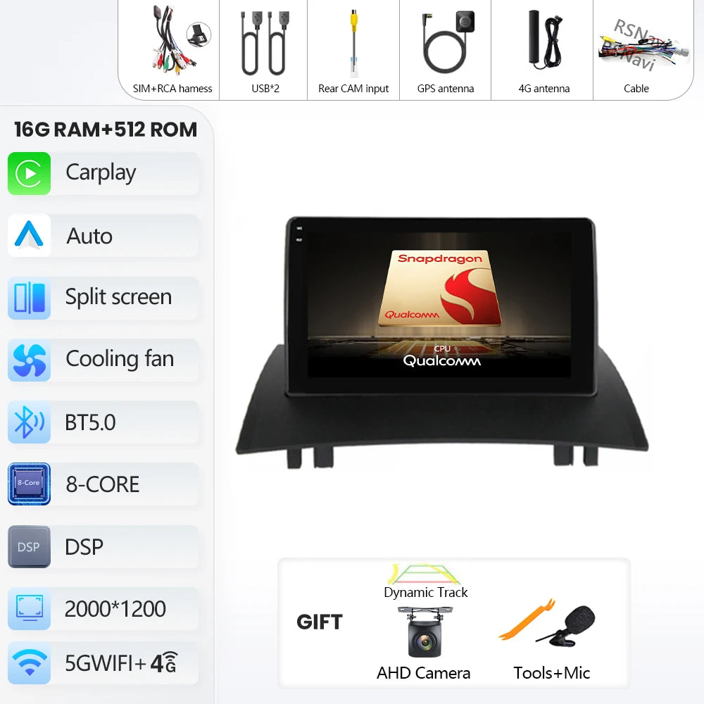 Android 16 For Renault Megane 2 2002-2009 2K QLED Android Car Radio Multimedia Video Player GPS Stereo CarPlay 4G Navigationv BT