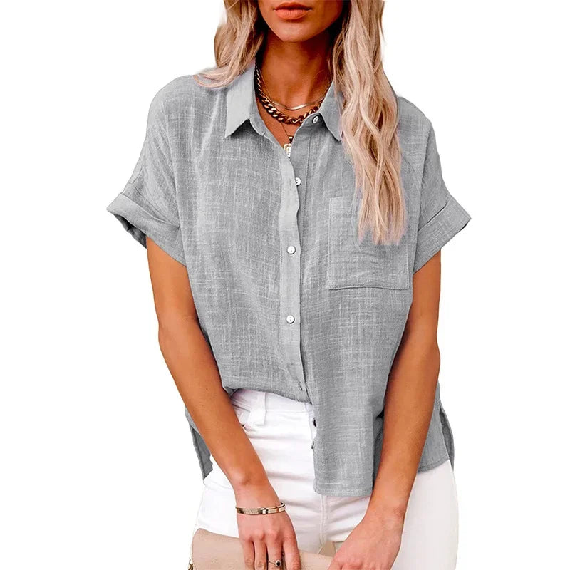 Women's Cotton-Linen Blouse — Loose Short-Sleeve Casual Summer Top