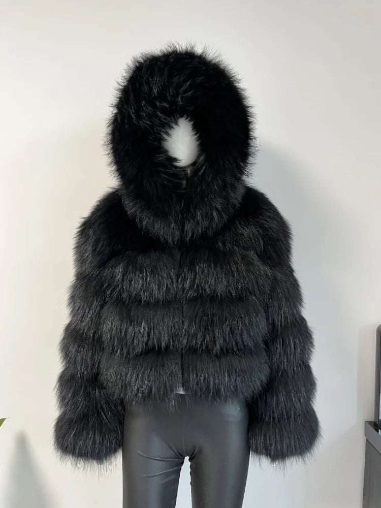 Women's Hooded Raccoon Fur Coat, Turn-Down Collar