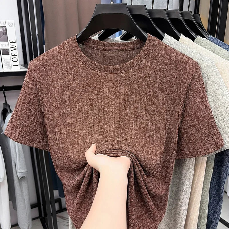 Men's Vertical Ribbed Tee - Crew Neck, Soft Elastic Daily Fabric