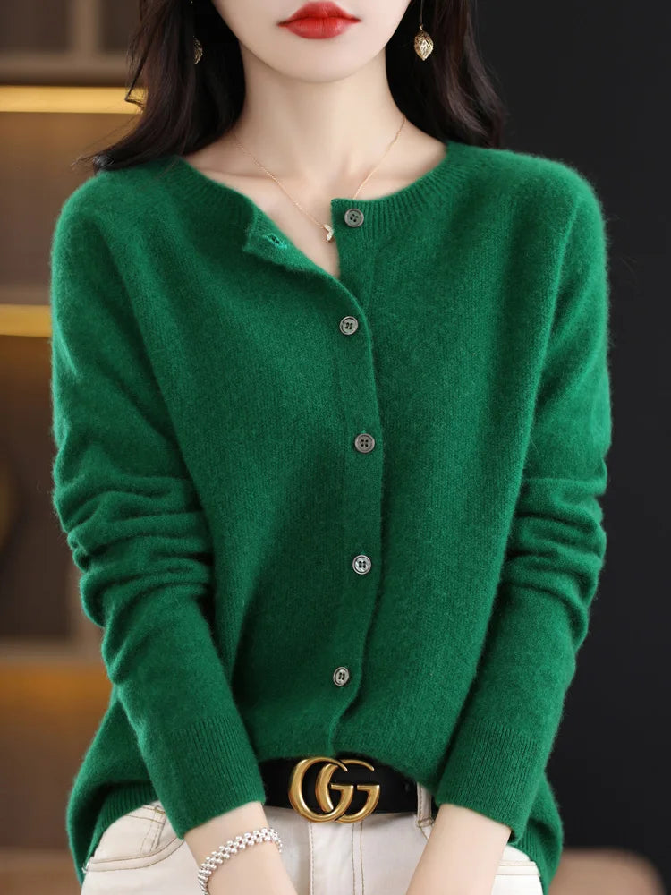 Women Cashmere Sweater 100% Merino Wool Knitted Cardigan Autumn Winter Knitwear O-Neck Female Solid Color Casual Fashion Top