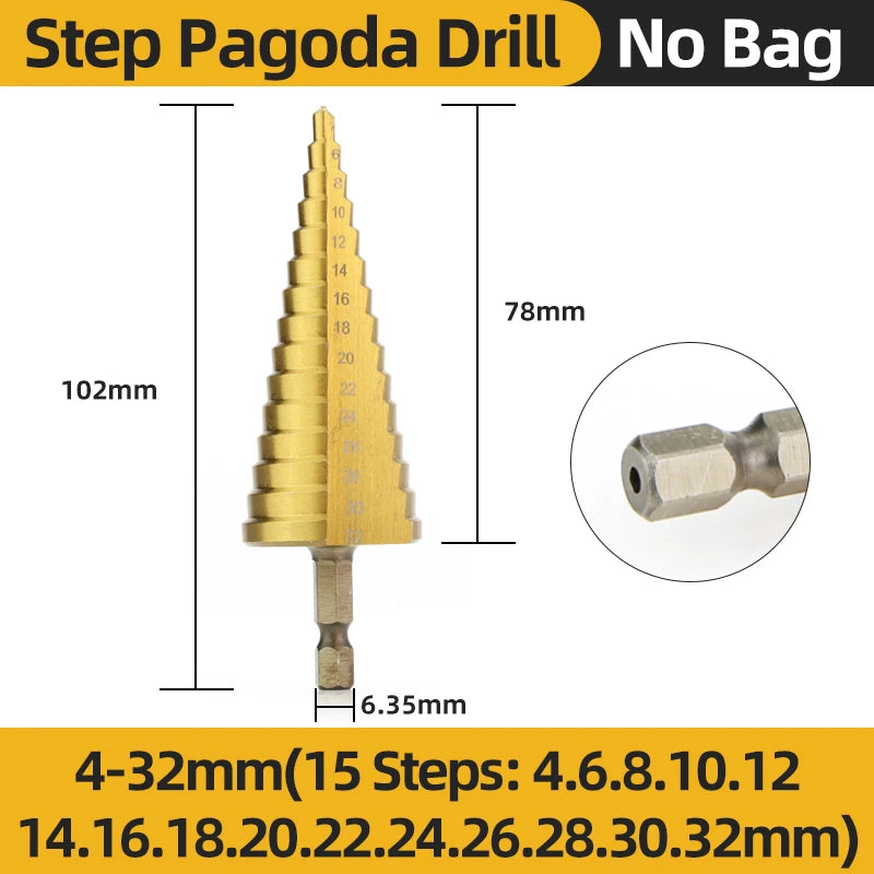 TOOLEYE HSS Titanium Step Drill Bit Set — Stepped Drills for Metal & Wood