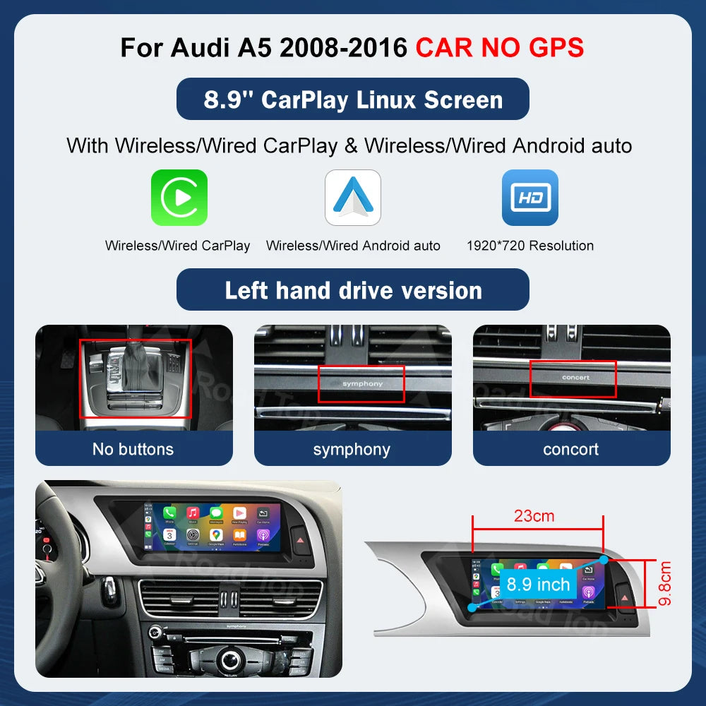 8.9 Inch 12.3"" Multimedia Display Touch Screen For Audi A5 S5 2008-2016 Airplay Miracast Function Wireless Carplay Android Auto