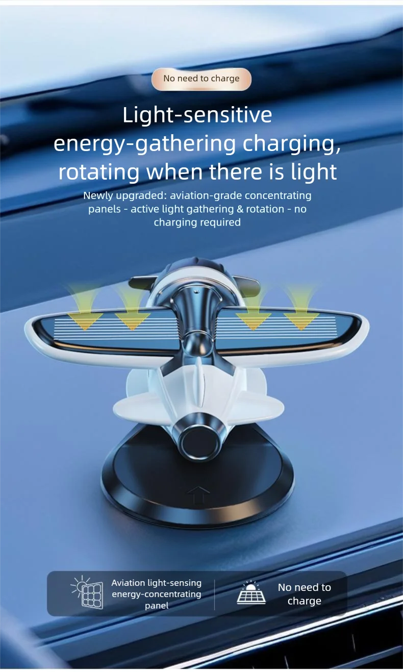 Car Ornament Solar Airplane Ornaments 360 Rotary Car Center Console Powered Aircraft Ornaments Car Interior Decor Accessories