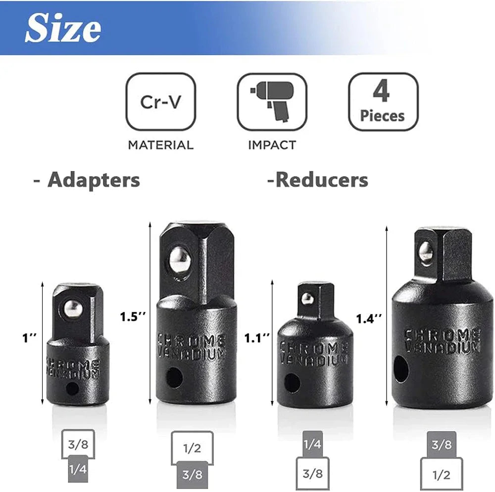 4PCS Impact Socket Adapter Reducer Set 1/2 3/8 1/4 inch Use Wrenches Drills in Auto and Impact Driver Construction Work