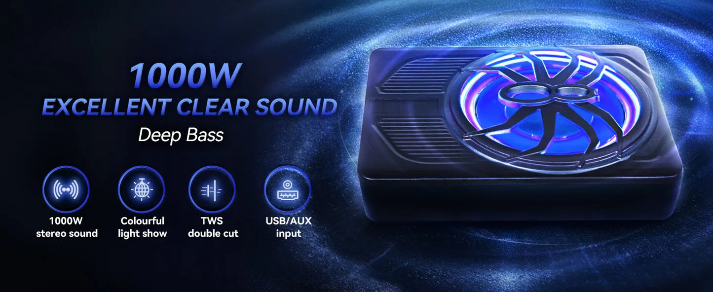 1000W 10" Slim Under Seat Subwoofer Spider Style Powered Bass Speaker with Amplifier Blue Light for Car Truck SUV