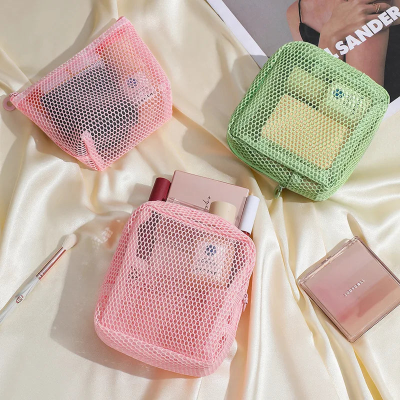 Square Mesh Cosmetic Bag Portable Lipstick Cosmetic Storage Bag with Zipper Multi-purpose Sundries Storage Bag Cute Student Case