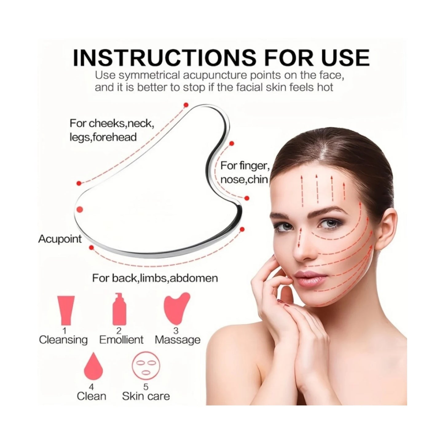 1/3-piece facial cleansing tool set, stainless steel heart-shaped scraping tool, ice roller, silicone facial brush