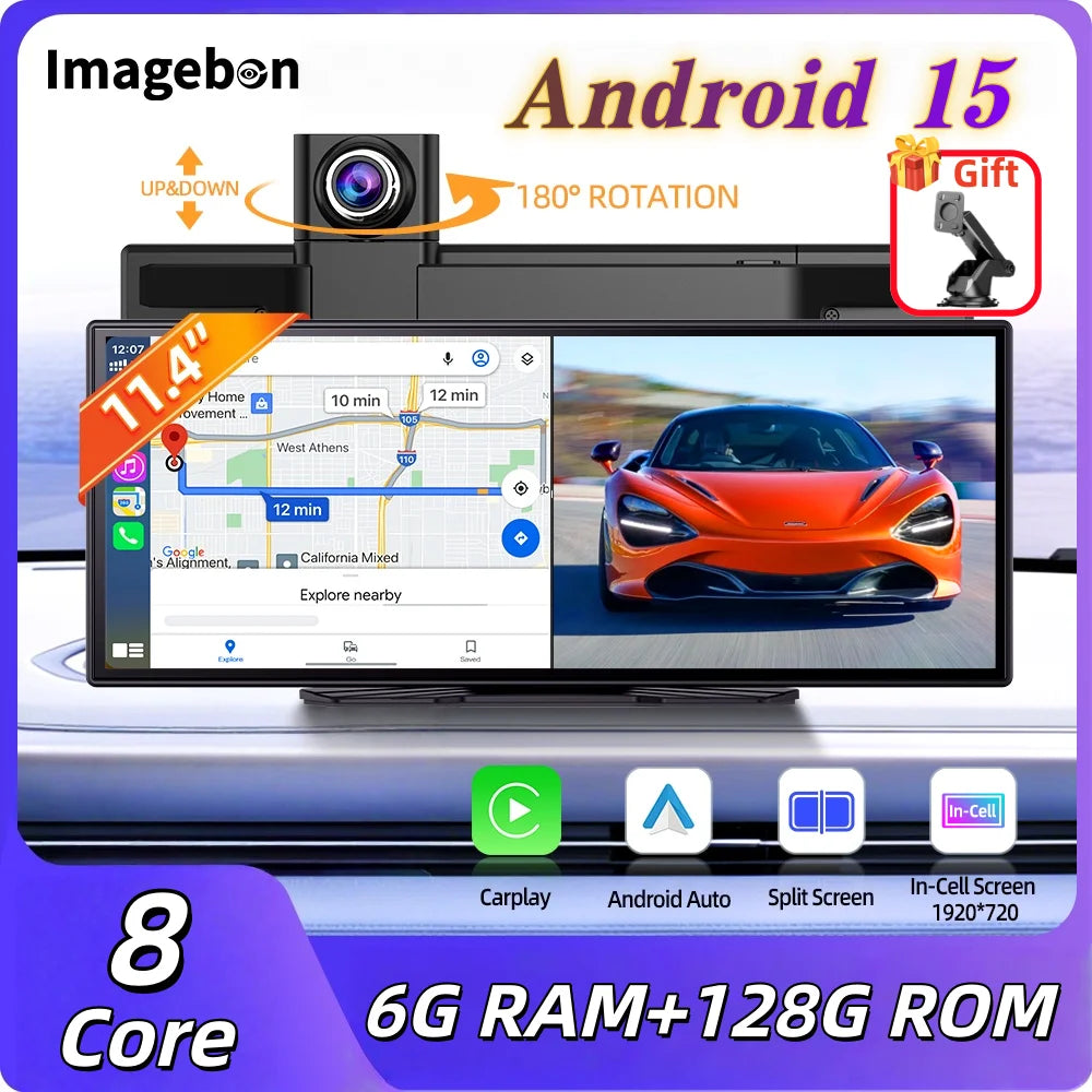 Imagebon P70 Plus Android 15 11.4" 6+128G Dual WiFi Wireless CarPlay & Android Auto Dash Cam Smart Split-Screen Google Play DVR