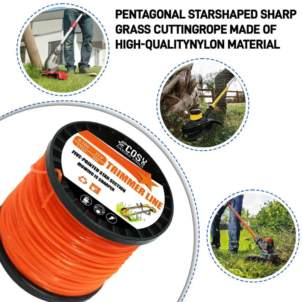 TSES 2.4mm~4mm Brush Cutter Sharp Rope 46m~130m Grass Mower Pentagram Nylon Mowing Strimmer Trimmer Line Weed Whacker Line