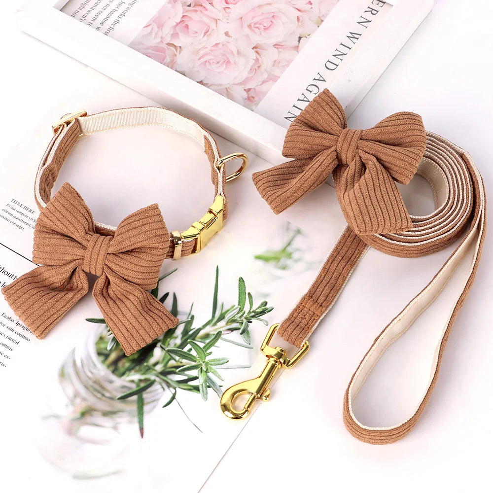 Velvet Bow Dog Collar & Leash Set - Soft Puppy Walking Set - photo 9