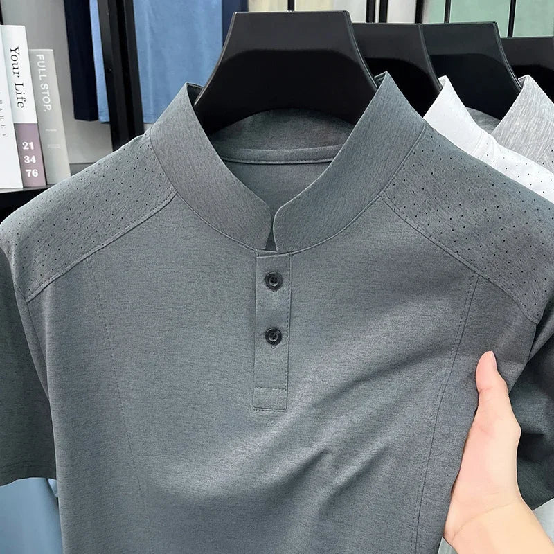 Men's Split-Neck Tee - Vented Perforated Fabric, Breathable Slim