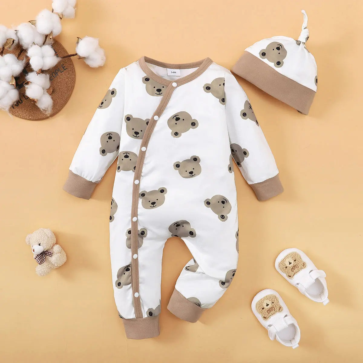 Baby Boy Bear Print Romper - Long Sleeve Button-Front Onesie - photo 6