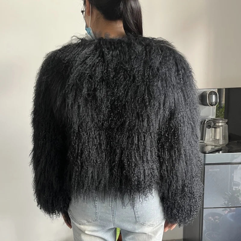 Women's Mongolian Sheep Fur Jacket, Round Neck